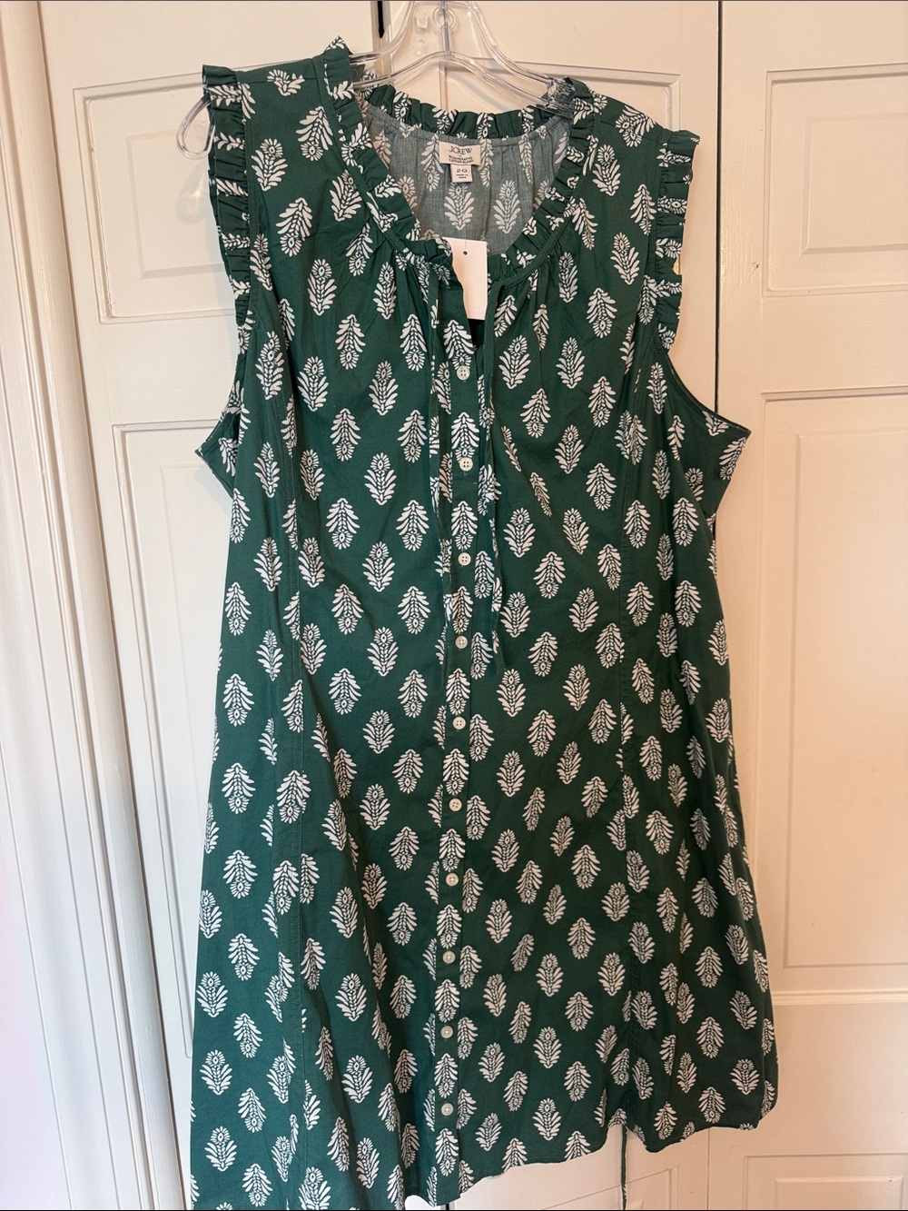 NEW WITH TAGS- JCrew Dark Green Button-Front Dress with White Leaf Print